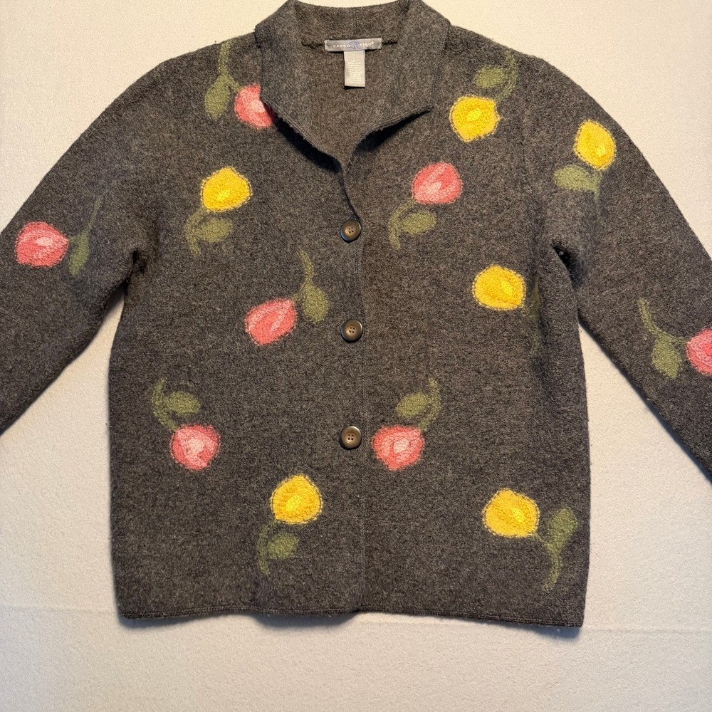 Vtg Carroll Reed Floral Embroidered Wool Cardigan Sweater Gray Womens Large